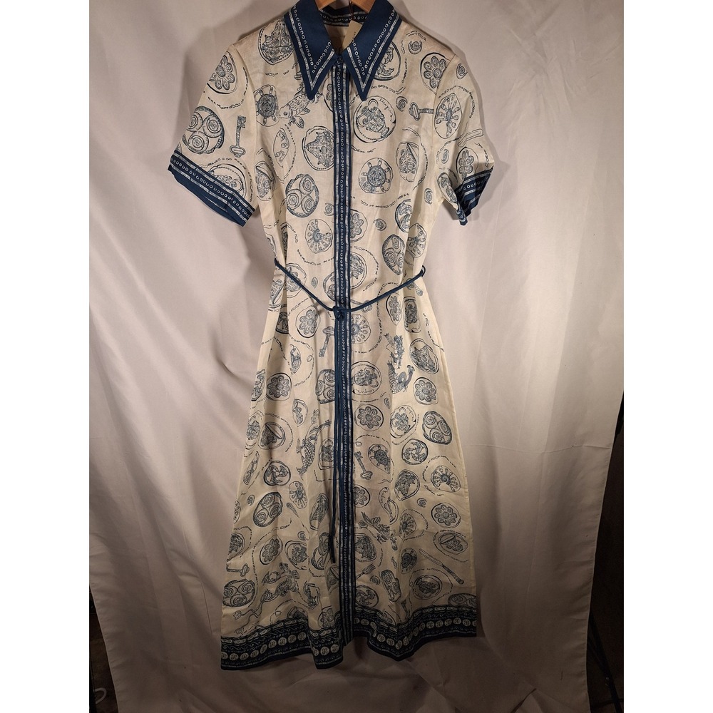 ALÉMAIS Blue Cream Linen Nautical Print Shirt Dress US 10 NWT